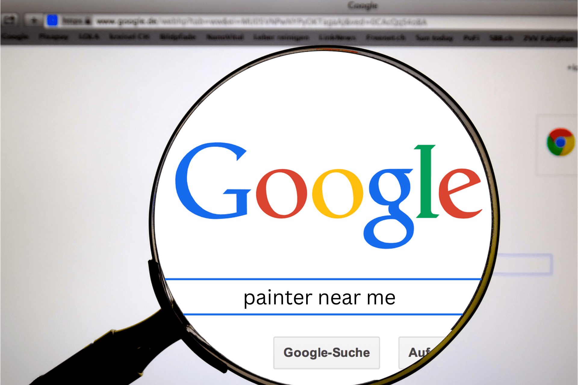 A magnifying glass hovering over a Google search box for a painter near me