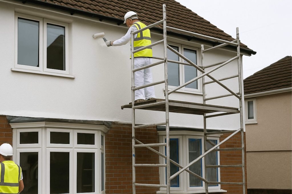Two Swansea house painters in safety gear painting a semi-detached home exterior on scaffolding