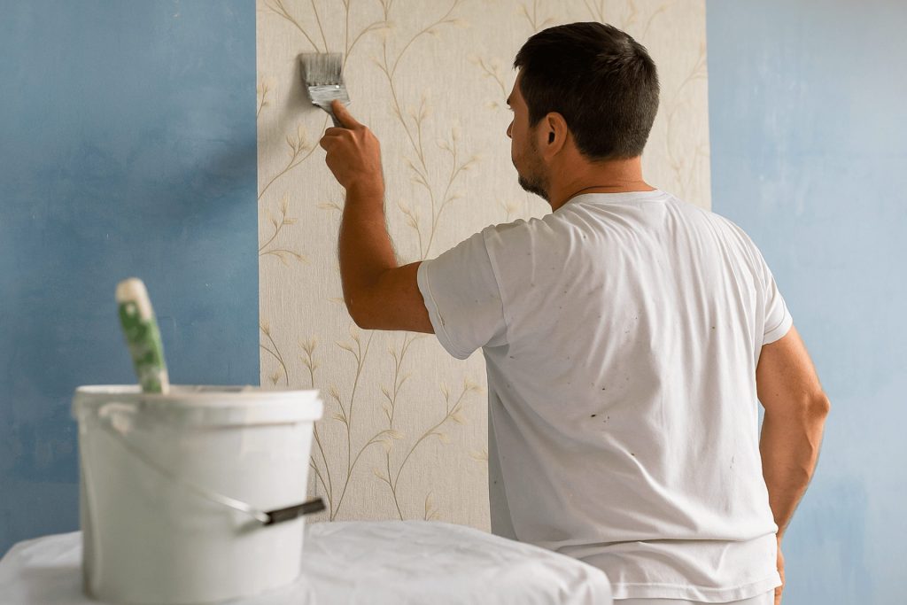 A decorator in Swansea wearing white overalls applies wallpaper to an interior wall, showing careful preparation and professional work quality for cheap decorators Swansea