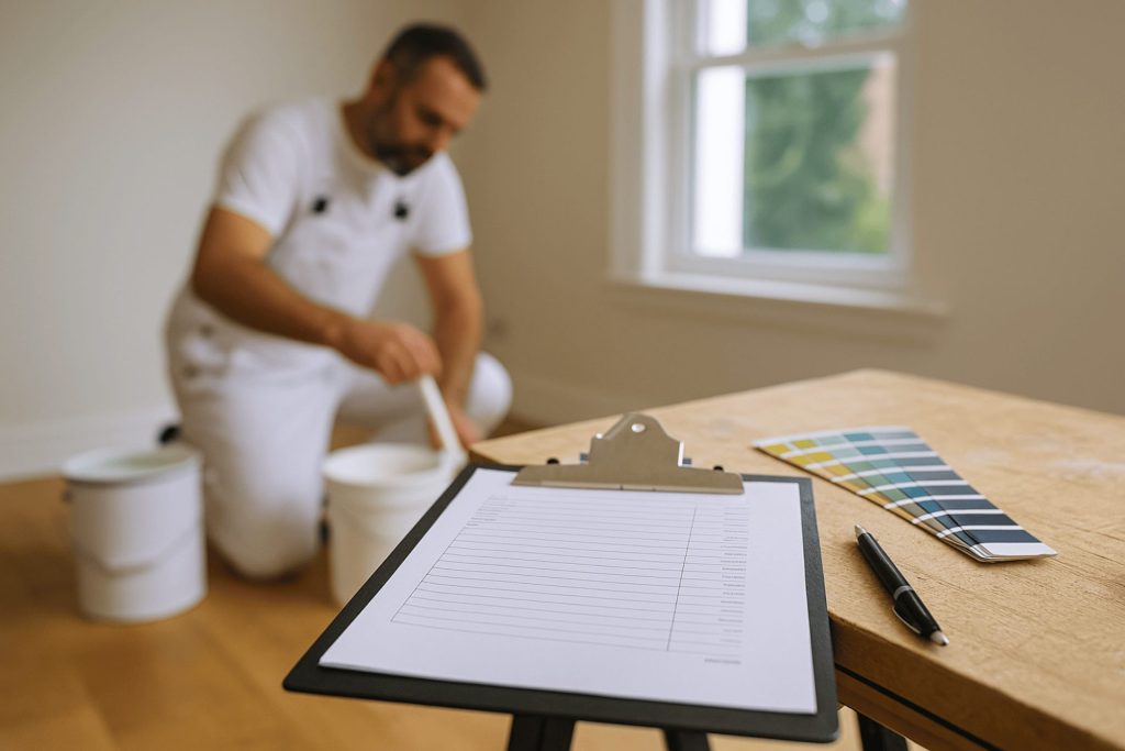 A photo of a painter’s clipboard and estimate sheet on a workbench, representing the price for painting in a Swansea home