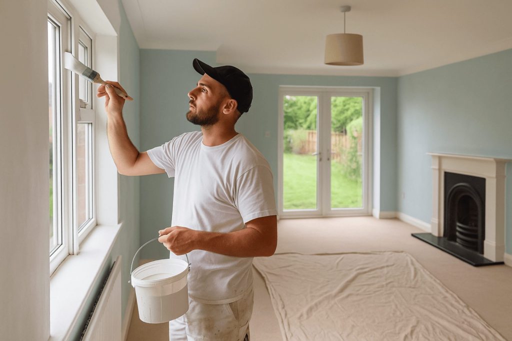 One of the best painters in Swansea applies white paint to a window frame in a bright living room, showing precision and quality workmanship